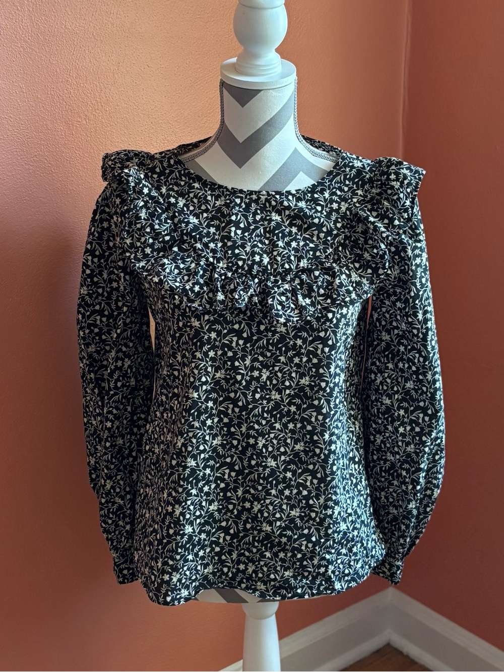 Promod Black & White Floral Ruffle Yoke Blouse
